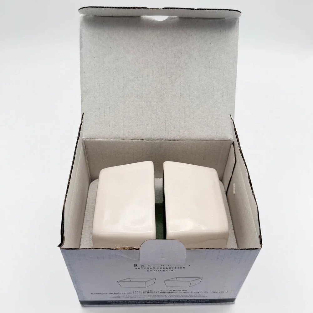 Rae Dunn Savor‎ and Enjoy Square Bowl Set Green White Ceramic 2pc